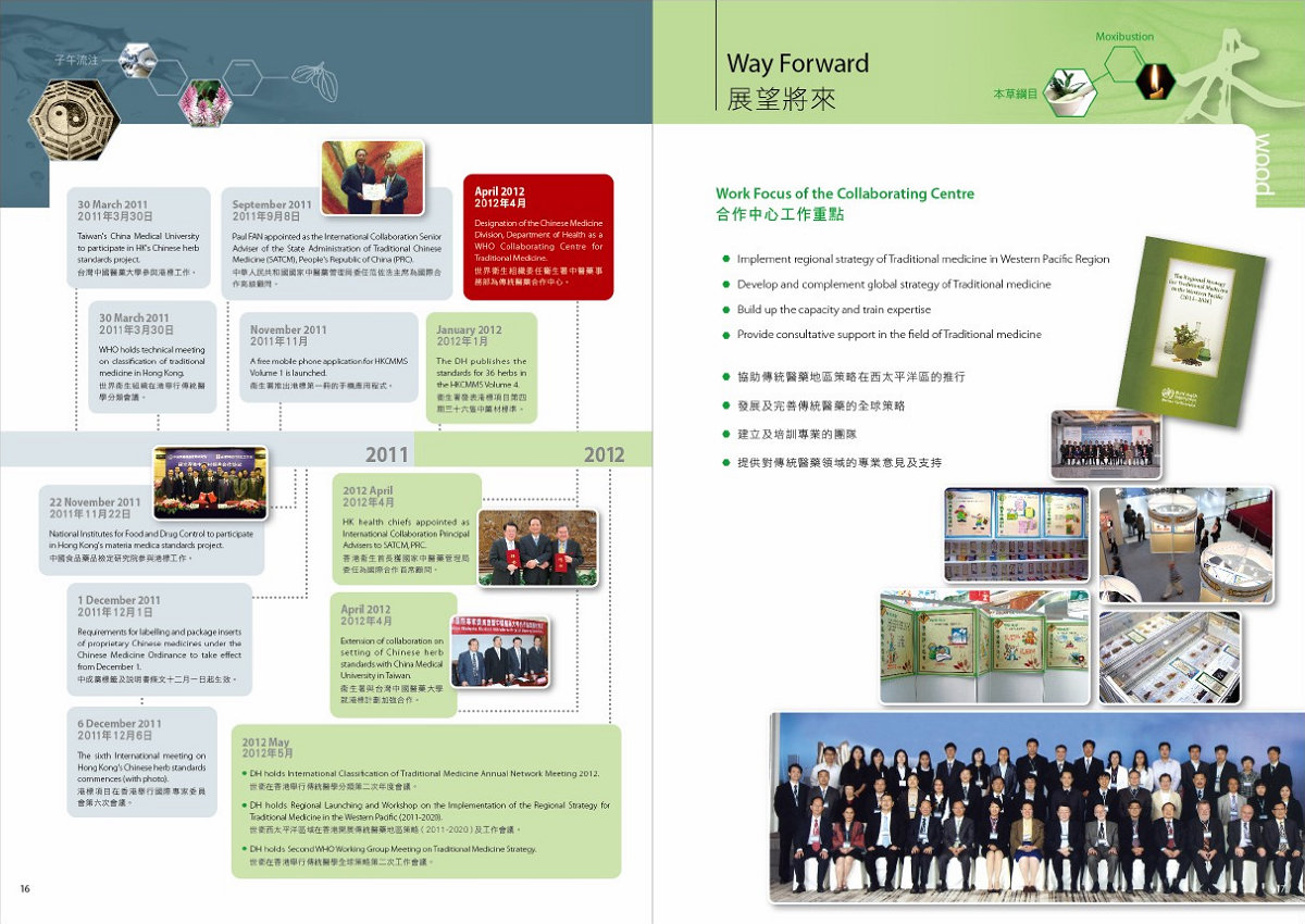 此圖片展示《世界衞生組織傳統醫藥合作中心香港特別行政區政府衞生署中醫藥事務部》刊物的第16至17頁