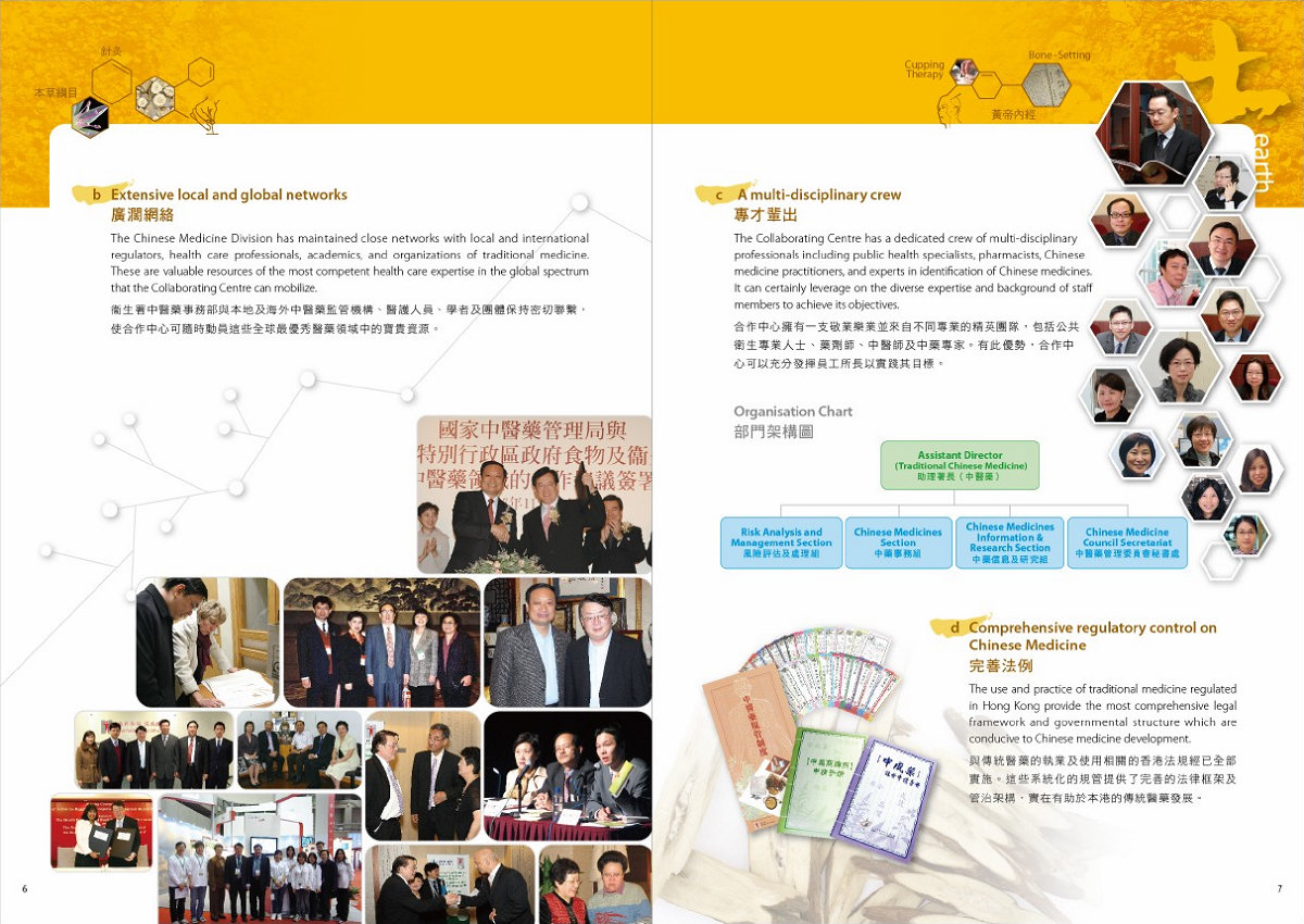 此图片展示《世界卫生组织传统医药合作中心香港特别行政区政府卫生署中医药事务部》刊物的第6至7页