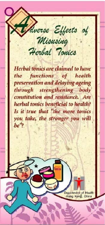 This picture demonstrates page 1 of the pamphlet entitled "Adverse Effects of Misusing Herbal Tonics"