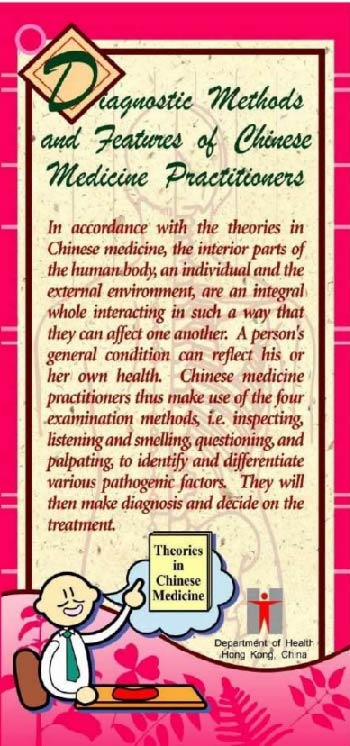 This picture demonstrates page 1 of the pamphlet entitled "Diagnostic Methods and Features of Chinese Medicine Practitioners"