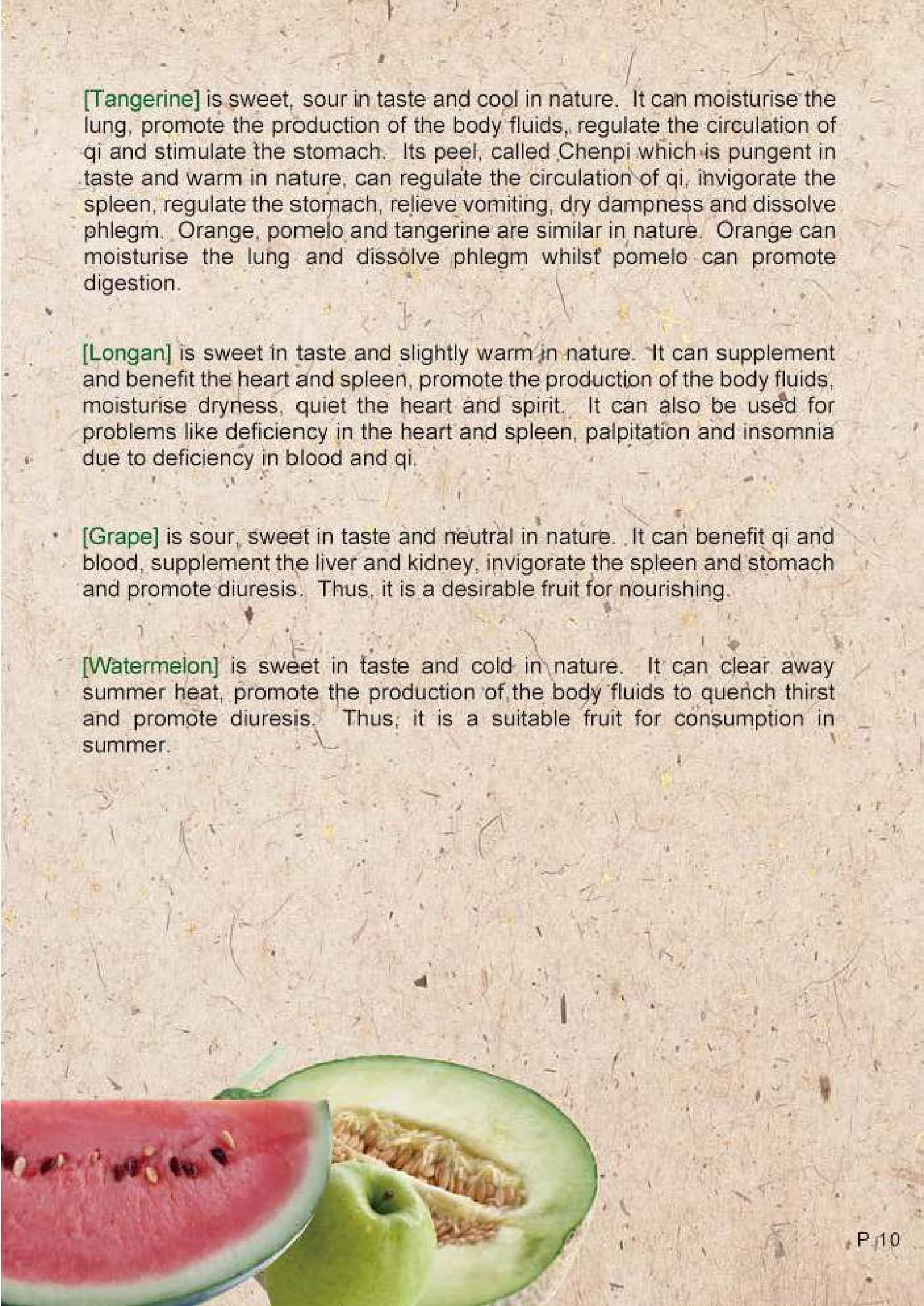 This picture demonstrates page 10 of the publication entitled "Health preservation by food in Chinese medicine – The five cereals, fruits and vegetables"