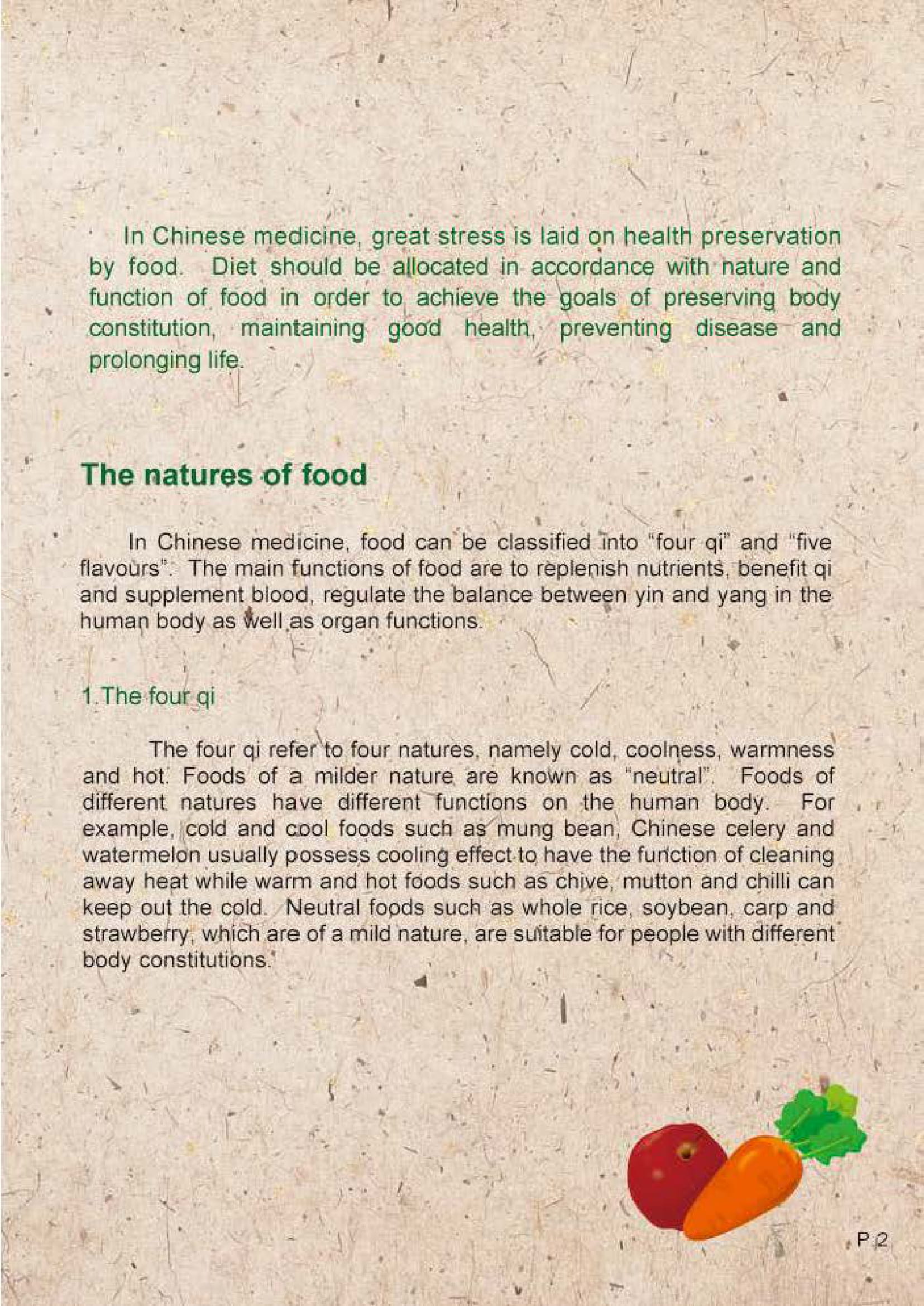 This picture demonstrates page 2 of the publication entitled "Health preservation by food in Chinese medicine – The five cereals, fruits and vegetables"