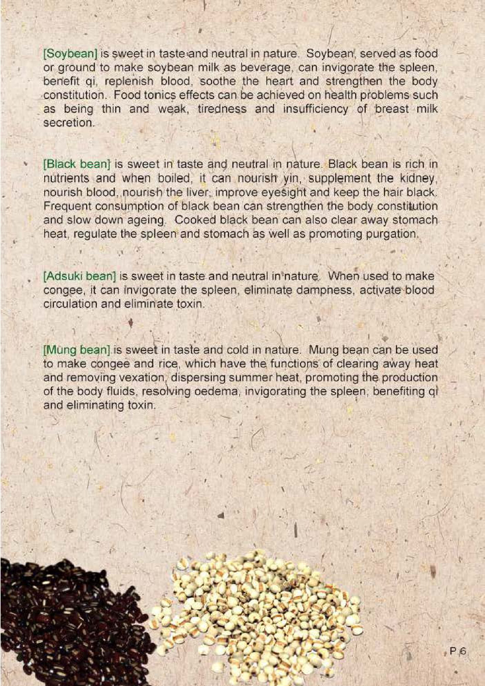 This picture demonstrates page 6 of the publication entitled "Health preservation by food in Chinese medicine – The five cereals, fruits and vegetables"