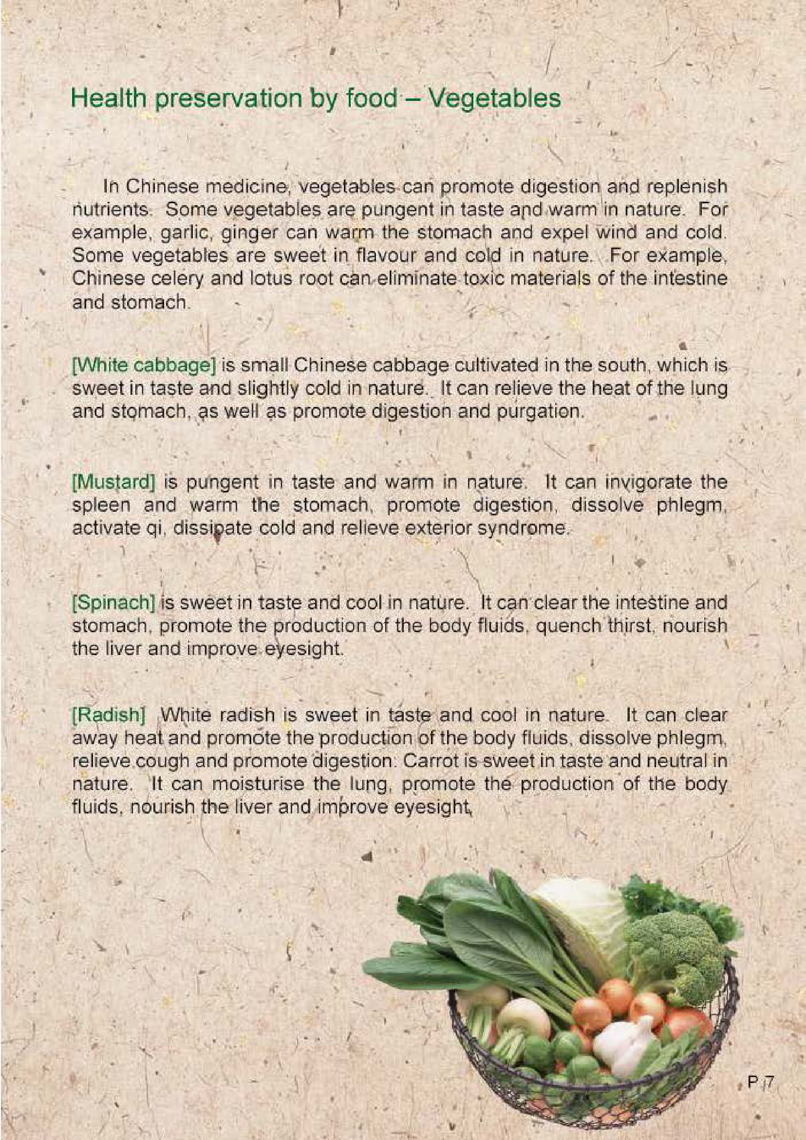 This picture demonstrates page 7 of the publication entitled "Health preservation by food in Chinese medicine – The five cereals, fruits and vegetables"