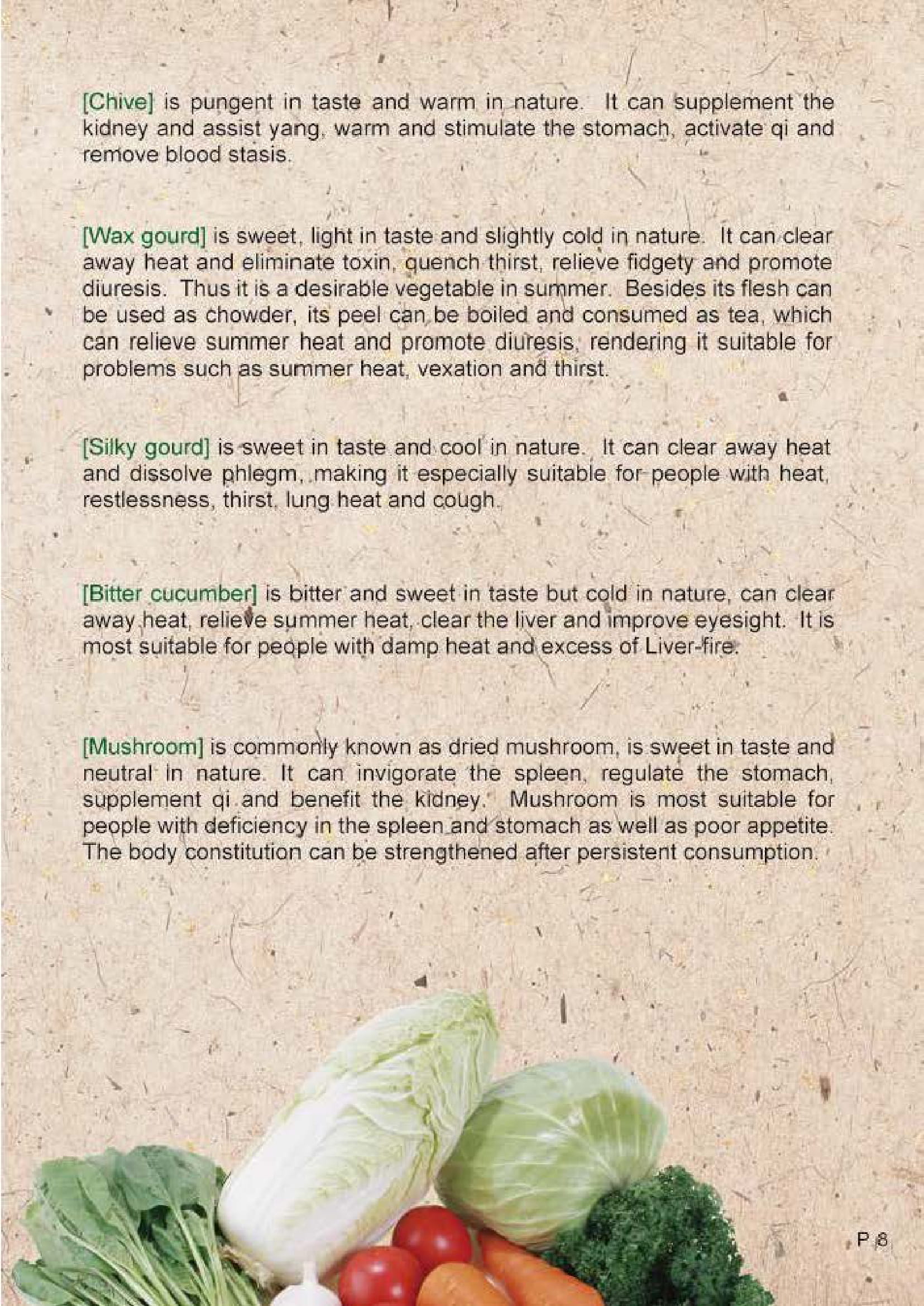 This picture demonstrates page 8 of the publication entitled "Health preservation by food in Chinese medicine – The five cereals, fruits and vegetables"