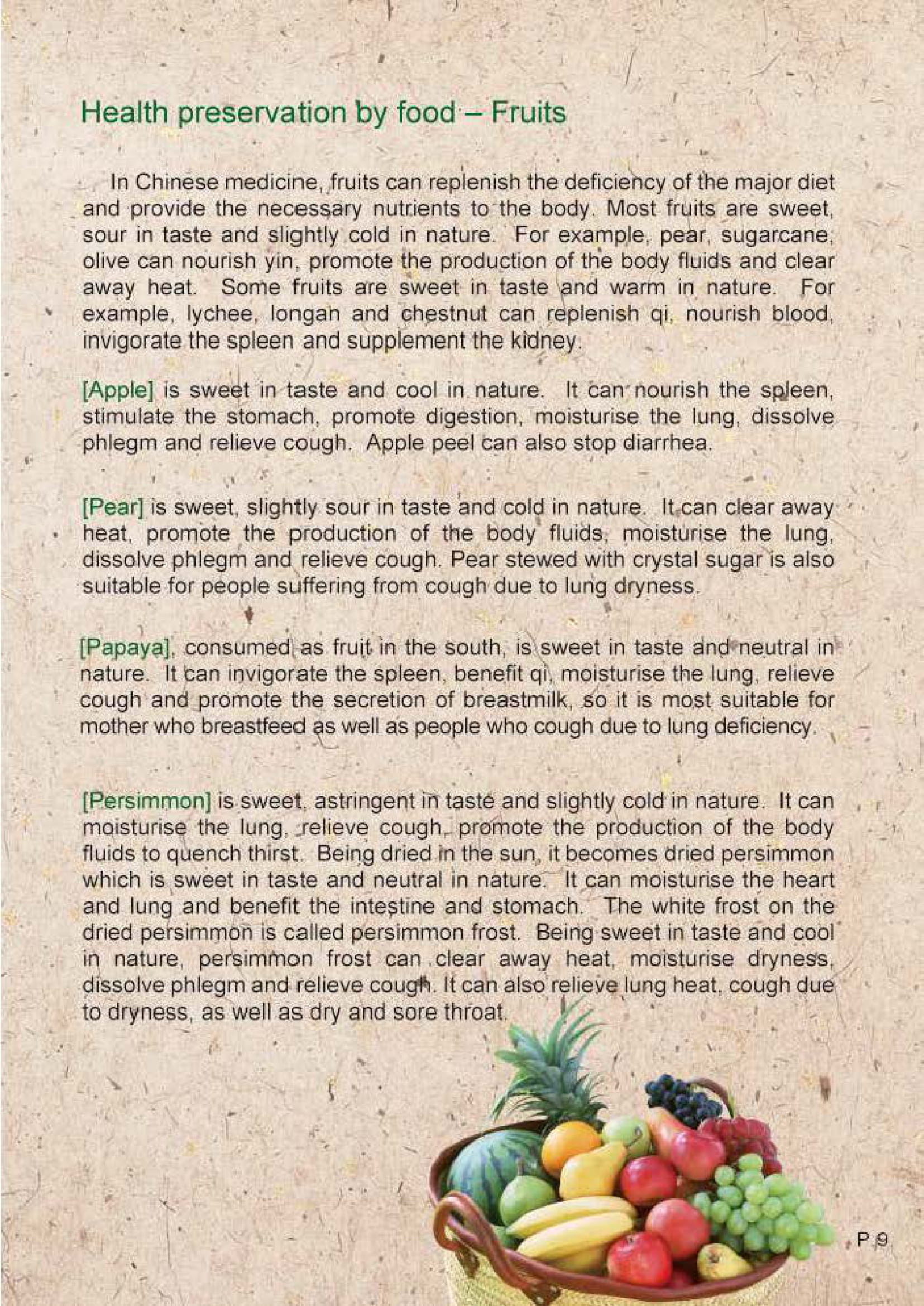 This picture demonstrates page 9 of the publication entitled "Health preservation by food in Chinese medicine – The five cereals, fruits and vegetables"