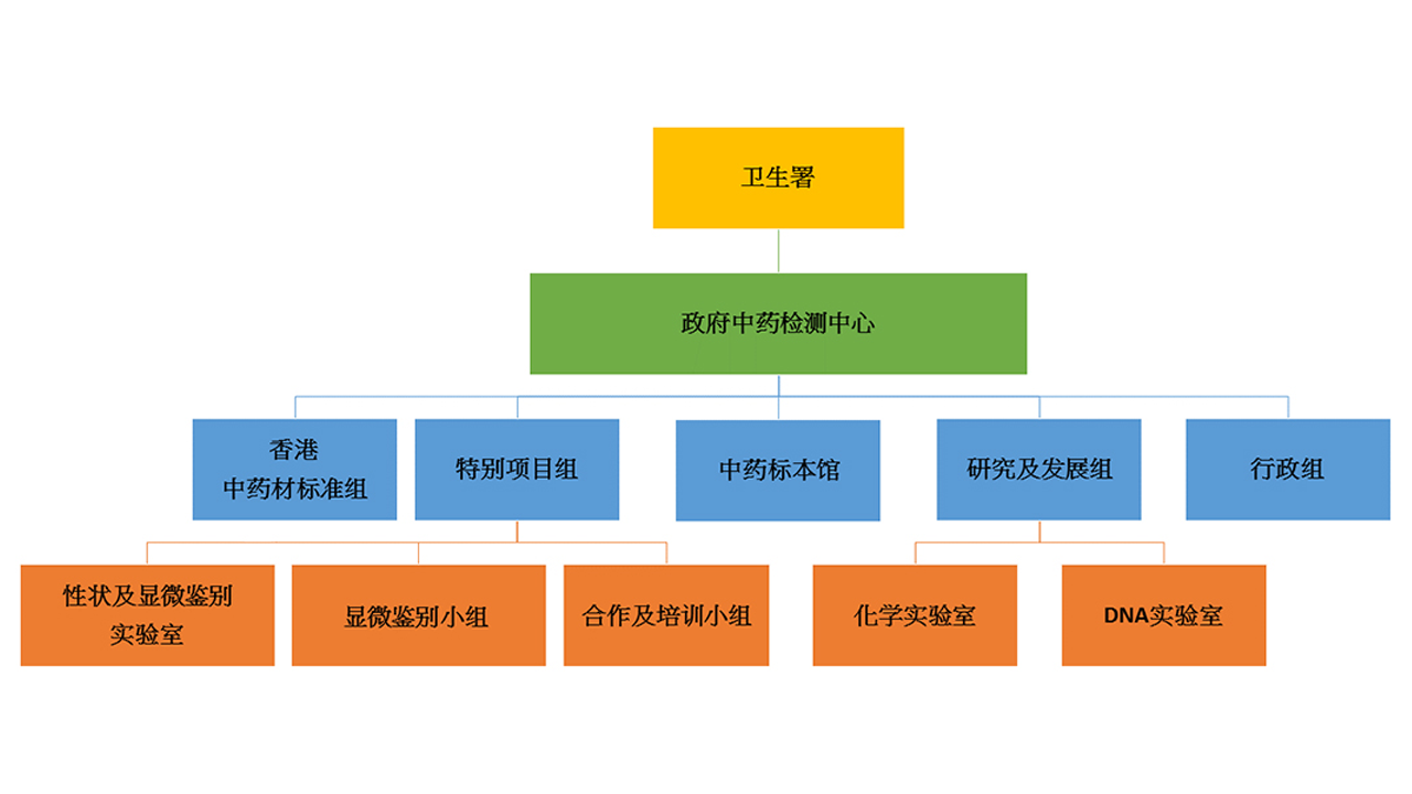 卫生署政府中药检测中心属下单位有：香港中药材标准组、特别项目组、中药标本馆、研究及发展组以及行政组。香港中药材标准组位于九龙公共卫生检测中心，特别项目组下设有性状及显微鉴别实验室，以及合作及培训小组；而研究及发展组下则设有化学实验室及DNA实验室。